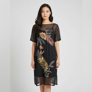 GUESS Sheer Mesh Embroidered Midi Dress Black Floral Overlay